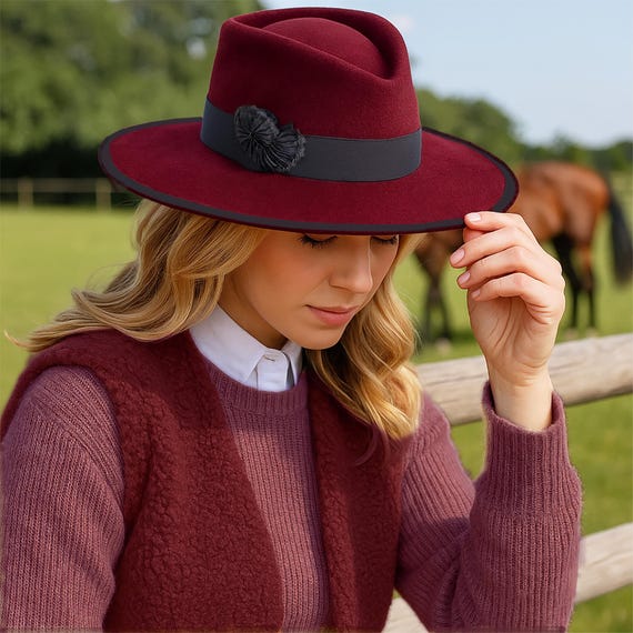 Burgundy Velour Felt Fedora Hat for Women | Handmade Wide  display picture 1
