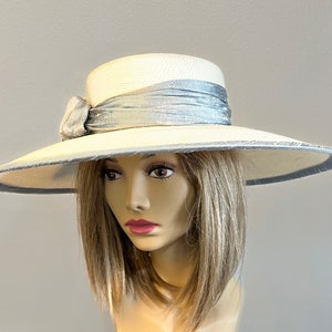 Kentucky Derby millinery hat, Savannah Summer Picture Hat, white and grey straw, with silk dupioni trim. image 4