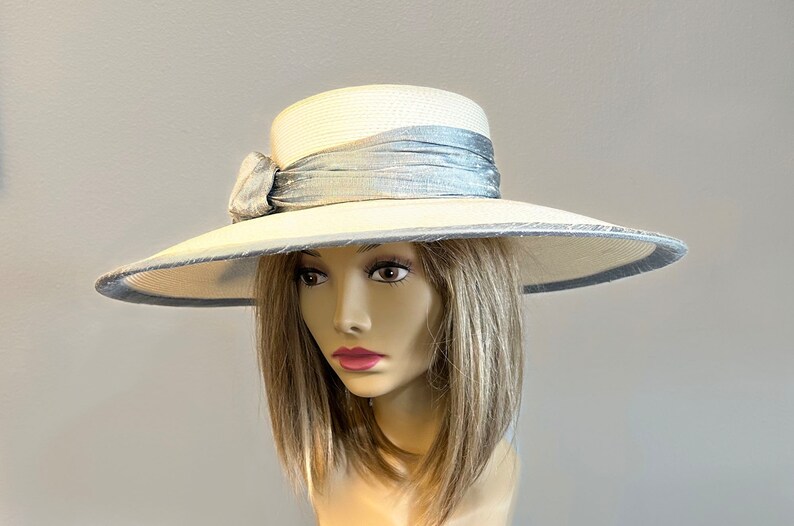 Kentucky Derby millinery hat, Savannah Summer Picture Hat, white and grey straw, with silk dupioni trim. image 4