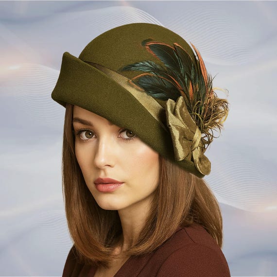 Loden Heather Fur Felt Cloche Hat: Handmade Silk Sash  display picture 3