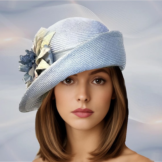 Handmade Blue Parasisal Straw Cloche Hat: Kentucky Derby 