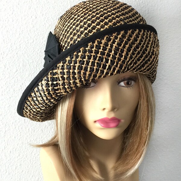 Maggy, lovely seagrass summer hat for any occasion, womens millinery hat, black and tan straw hat