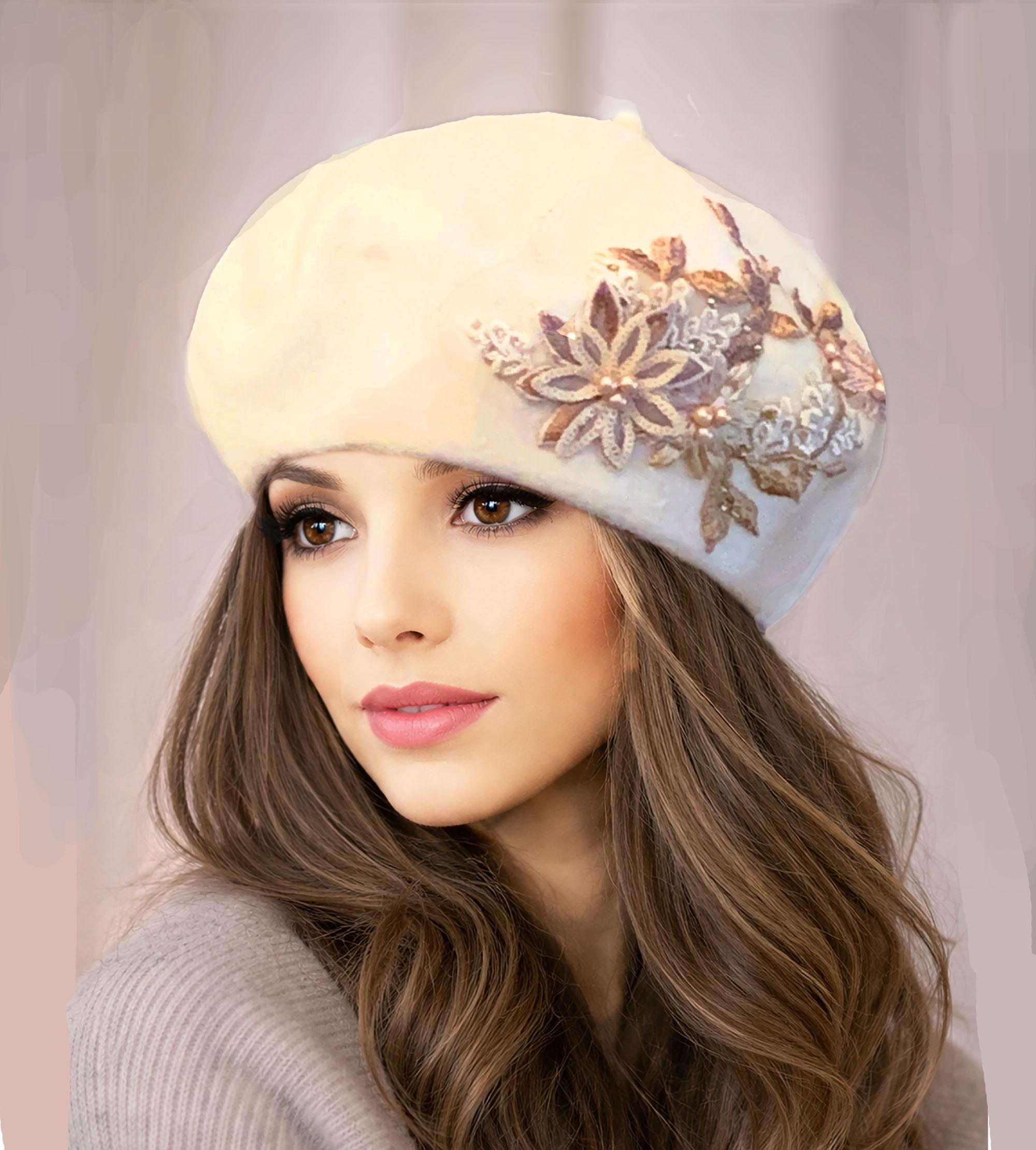 Mia, Soft Felt Beret Millinery Hat With Silk and Beaded 