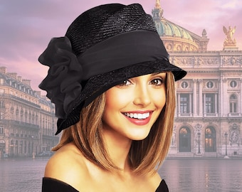 Black Parasisal Straw Cloche Hat: Handmade Women's Millinery, "Sophia"