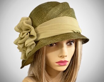 Sophia, Kentucky Derby hat, beautiful parasisal straw hat, womens summer millinery hat, color Olive straw