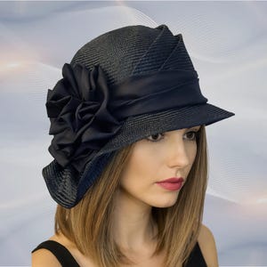 Black Parasisal Straw Cloche Hat: Handmade Women's Millinery, "Sophia"