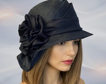 Black Parasisal Straw Cloche Hat: Handmade Women's Millinery, "Sophia"