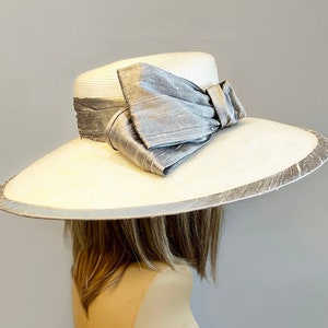 Kentucky Derby millinery hat, Savannah Summer Picture Hat, white and grey straw, with silk dupioni trim. image 3