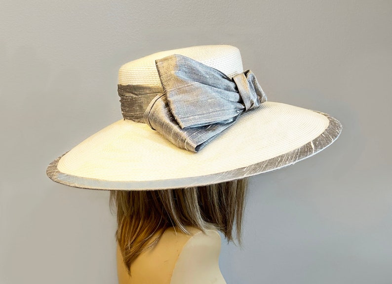 Kentucky Derby millinery hat, Savannah Summer Picture Hat, white and grey straw, with silk dupioni trim. image 3