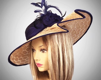 Marnie, Kentucky Derby hat,  beautiful boater style straw fascinator/hatinator with novelty straw brim and navy crown millinery hat