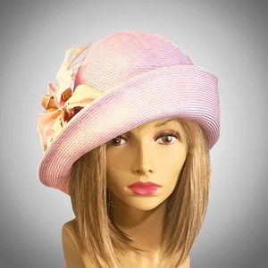 Kentucky Derby Hat, Gabby 2 1920's Flapper Cloche. womens parasisal straw hat in pale pink with silk dupioni and feathers, millinery hat image 1