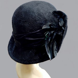 Kentucky Derby Hat, Gabby 1920's Flapper Cloche. womens parasisal straw hat in black with feathers, millinery hat image 2