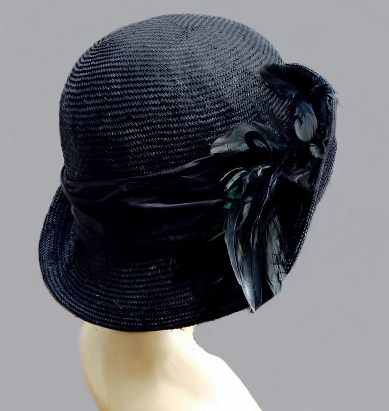 Kentucky Derby Hat, Gabby 1920's Flapper Cloche. womens parasisal straw hat in black with feathers, millinery hat image 2