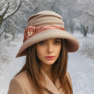 Velour Cloche Hat: Fur Felt Millinery, Silk & Vintage Brooch, "Flora"