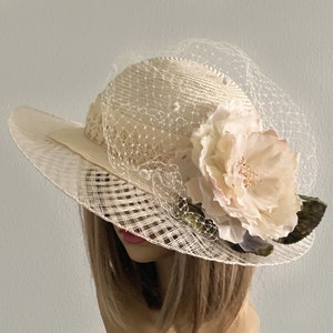 Shay",  beautiful Ivory straw hat. Perfect for a summer garden party with lace and novelty sinamay and silk flower