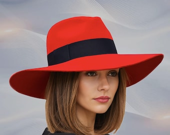 Roter Velour Filz-Fedora: Hut mit breiter Krempe, handgemacht in den USA, ""Katy"""