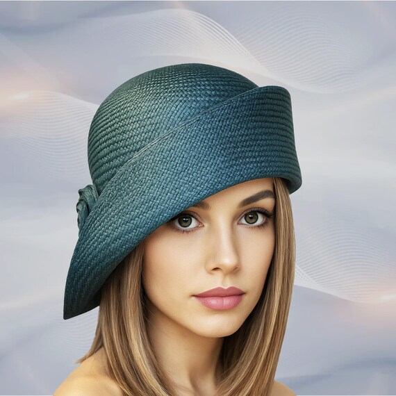 Teal Flapper Cloche Hat: Kentucky Derby Parasisal Straw With  display picture 3