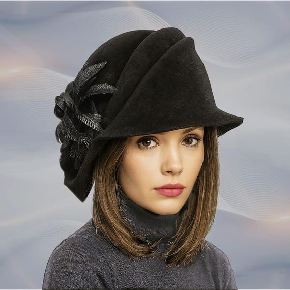 Black Velour Felt Cloche Hat: Handmade Silk Flower Millinery  display picture 1