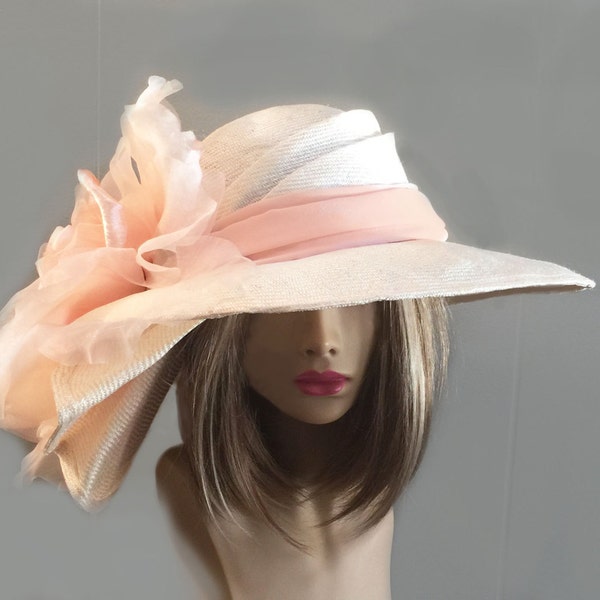 peach Kentucky Derby hat, "Sonya", beautiful straw hat with draped pleating on the side, and large pale peach flower