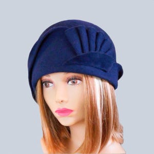 Amber, Velour Felt Cloche with draped pleated swirls, Blue colored millinery hat