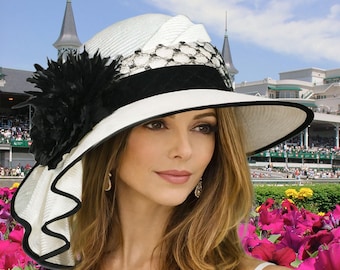 Schwarz weisser Kentucky Derby Hut: Strohhut Couture Hut, ""Sony"""