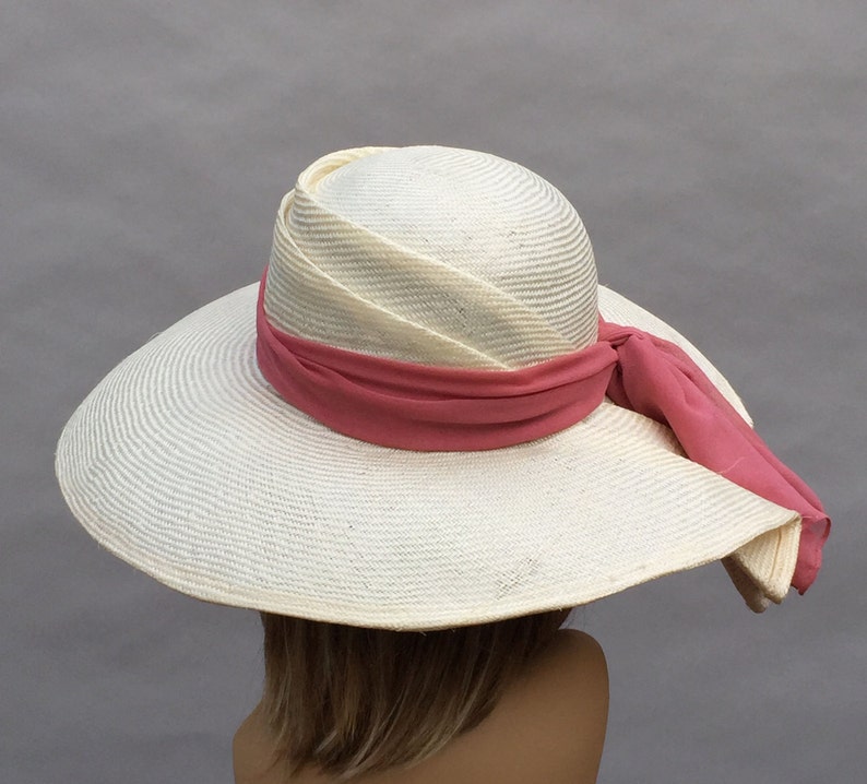 Kentucky Derby hat, Sonya, beautiful straw hat with draped pleating on the side, women, cream with silk sash image 3