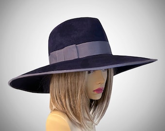 Fedora millinery hat, "Katy",  Velour Felt wide brim and tall crown, wired brim edge. color Navy and embellished with grey grosgrain ribbon