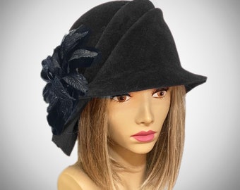 Sophia, Velour Felt Cloche millinery hat with side draped pleats and beautiful silk flowers, color Black