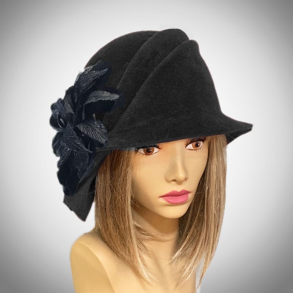 Sophia, Velour Felt Cloche millinery hat with side draped pleats and beautiful silk flowers, color Black