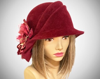 Sophia, Velour Felt Cloche millinery hat with side draped pleats and beautiful silk flowers, color wine