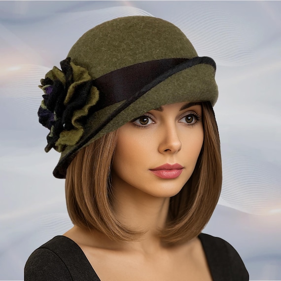 Handmade Felt Cloche Hat in Heathered Loden | 1920s-inspired  display picture 2