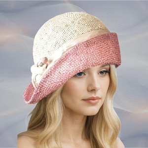 Handmade Sisal Straw Cloche Hat: Pink & Cream Downton Abbey Style