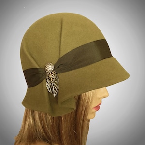 Amelia, Fur Felt Cloche millinery hat from the Downton Abbey era, khaki green color