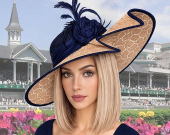 Kentucky Derby Hat: Navy & Novelty Straw Brim Fascinator, "Marnie"