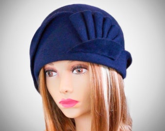 Amber, Velour Felt Cloche with draped pleated swirls, Blue colored millinery hat