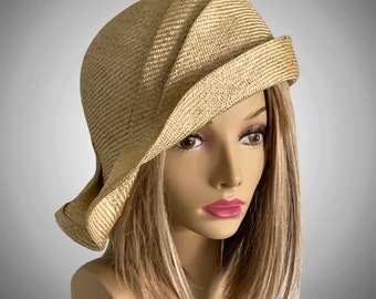 Ava, parasisal straw, side drape millinery hat, women straw cloche hat