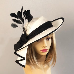 Kentucky Derby hat, "Gloria", beautiful womans straw hat, white and black, pleated draped millinery hat with feathers