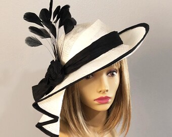 Kentucky Derby hat, "Gloria", beautiful womans straw hat, white and black, pleated draped millinery hat with feathers