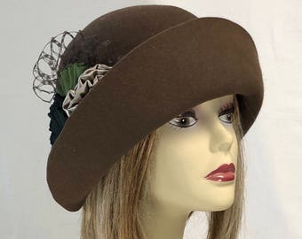 Betty,  Fur Felt Cloche, brown millinery hat, Downton Abbey era, with ribbon, silk, and veiling embellishment