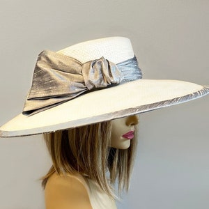 Kentucky Derby millinery hat, Savannah Summer Picture Hat, white and grey straw, with silk dupioni trim. image 2