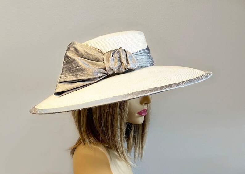 Kentucky Derby millinery hat, Savannah Summer Picture Hat, white and grey straw, with silk dupioni trim. image 2