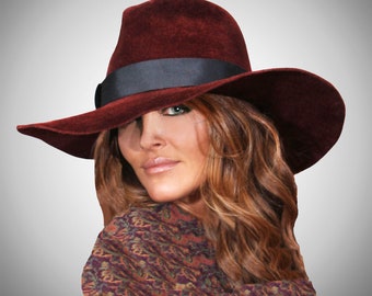 Fedora womens millinery hat, "Katy",  Velour Felt wide brim and tall crown,  color Burgundy