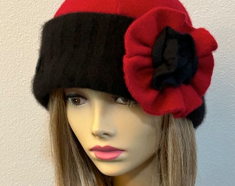 Mary Lou, 100% pure cashmere hat, cloche with hand made cashmere flower, color Red/Black