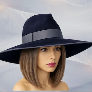 Velour Felt Fedora – Wide Brim, Tall Crown, Wired Edge – Navy with Grey Grosgrain, &quot;Katy&quot;