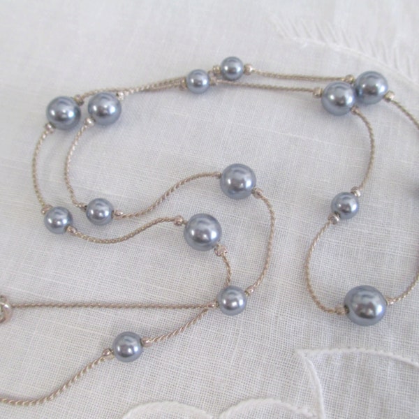 Vintage Faux Pearl Necklace Silver Tone Grey