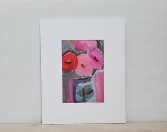 Flower Painting Floral still life drawing acrylic bouquet vase zinnia red pink original