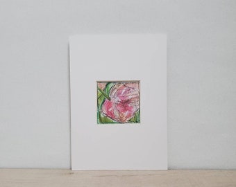 Peony Drawing floral Small Pink Art gift pastel drawing Shabby Chic Cottage