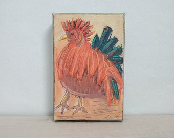 Rooster painting small original paint on canvas 6 x 4 shelfie art