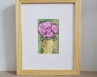 Framed Peony Painting Pink Floral Wall Decor light wood frame 8 x 10