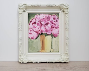 Peony Painting Vintage Shabby Chic white frame original floral art Cottage Decor